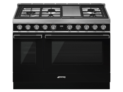 48" SMEG Cooker Portofino Freestanding Professional Dual Fuel Range with 5 Burners in Black - CPF48UGMBL