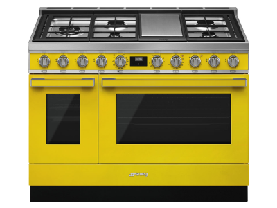 48" SMEG Cooker Portofino Freestanding Professional Dual Fuel Range with 5 Burners in Yellow - CPF48UGMYW