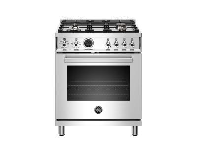 30" Bertazzoni Dual Fuel Range 4 Brass Burner Electric Self-Clean Oven - PROF304DFSXT