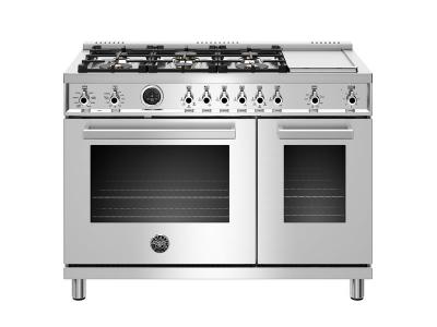 48" Bertazzoni Dual Fuel Range 6 Brass Burners and Griddle Electric Self Clean Oven - PROF486GDFSXT