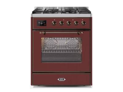 30" ILVE Majestic II Dual Fuel Natural Gas Freestanding Range with Bronze Trim in Burgundy - UM30DNE3BUB-NG