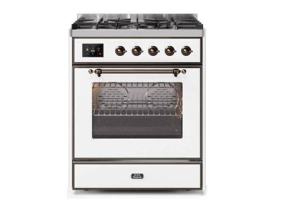 30" ILVE Majestic II Dual Fuel Liquid Propane Freestanding Range with Bronze Trim in White  - UM30DNE3WHB-LP