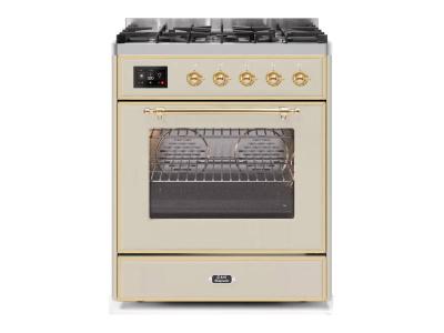 30" ILVE Majestic II Dual Fuel Liquid Propane Freestanding Range with Brass Trim in Antique White  - UM30DNE3AWG-LP