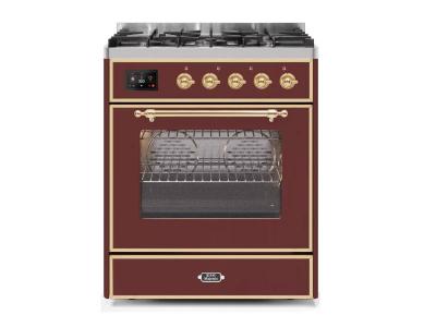 30" ILVE Majestic II Dual Fuel Liquid Propane Freestanding Range with Brass Trim in Burgundy  - UM30DNE3BUG-LP