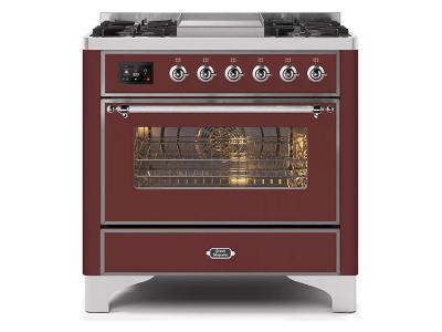 36" ILVE Majestic II Dual Fuel Range with Chrome Trim in Burgundy - UM09FDNS3BUC-LP