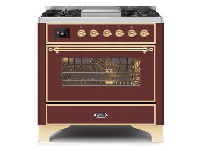 36" ILVE Majestic II Dual Fuel Range in Burgundy with Brass Trim - UM09FDNS3BUG-LP