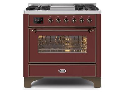 36" ILVE Majestic II Dual Fuel Freestanding Range with Bronze Trim in Burgundy - UM09FDNS3BUB-LP