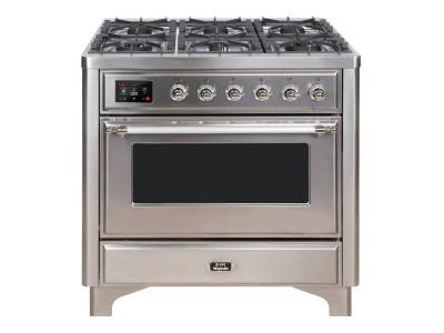 36" ILVE Majestic II Dual Fuel Liquid Propane Freestanding Range with Chrome Trim  in Stainless Steel  - UM09FDNS3/SSC LP