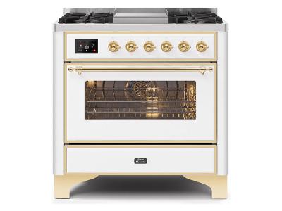 36" ILVE Majestic II Dual Fuel Range in White with Brass Trim - UM09FDNS3WHG-LP