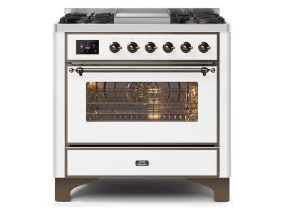 36" ILVE Majestic II Dual Fuel Freestanding Range With Bronze Trim In White - UM09FDNS3WHB-LP