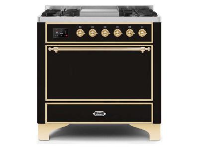 36" ILVE Majestic II Dual Fuel Liquid Propane Range with Brass Trim in Glossy Black - UM09FDQNS3BKG-LP