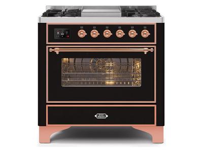 36" ILVE Majestic II Dual Fuel Range with Copper Trim in Glossy Black - UM09FDNS3BKPLP