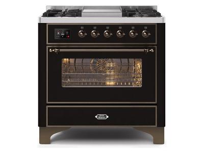 36" ILVE Majestic II Dual Fuel Freestanding Range With Bronze Trim In Glossy Black - UM09FDNS3BKB-LP