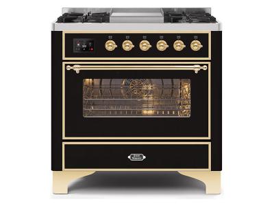 36" ILVE Majestic II Dual Fuel Range with Brass Trim in Glossy Black - UM09FDNS3BKG-LP