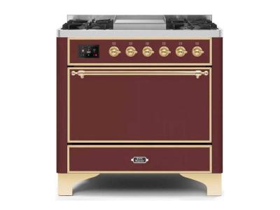 36" ILVE Majestic II Dual Fuel Range with Brass Trim in Burgundy - UM09FDQNS3BUG-LP