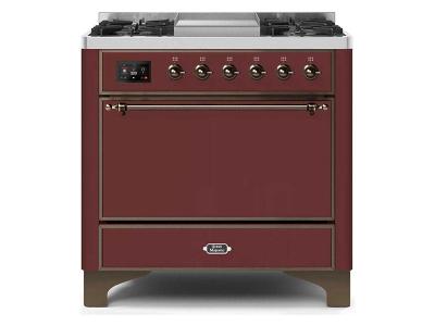 36" ILVE Majestic II Dual Fuel Freestanding Range With Bronze Trim In Burgundy - UM09FDQNS3BUB-NG