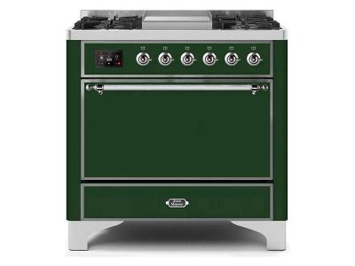 36" ILVE Majestic II Dual Fuel Freestanding Range with Chrome Trim in Emerald Green - UM09FDQNS3EGC-LP