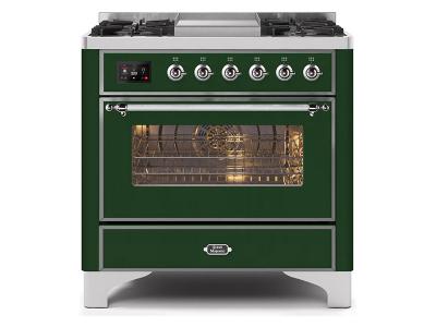 36" ILVE Majestic II Dual Fuel Range with Chrome Trim in Emerald Green - UM09FDNS3EGC-NG