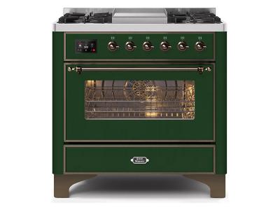 36" ILVE Majestic II Dual Fuel Freestanding Range with Bronze Trim in Emerald Green - UM09FDNS3EGB-LP