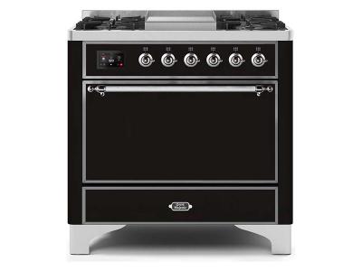 36" ILVE Majestic II Dual Fuel Freestanding Range with Chrome Trim in Glossy Black - UM09FDQNS3BKC-LP