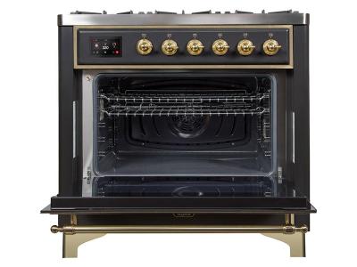 36" ILVE Majestic II Dual Fuel Range in Matte Graphite with Brass Trim - UM09FDNS3MGG-LP