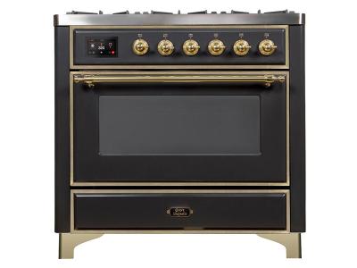 36" ILVE Majestic II Dual Fuel Range in Matte Graphite with Brass Trim - UM09FDNS3MGG-LP