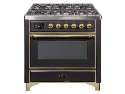 36" ILVE Majestic II Dual Fuel Range in Matte Graphite with Brass Trim - UM09FDNS3MGG-LP