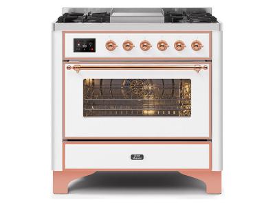 36" ILVE Majestic II Dual Fuel Range with Copper Trim in White - UM09FDNS3WHP-LP