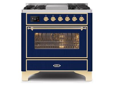 36" ILVE Majestic II Dual Fuel Range in Blue with Brass Trim - UM09FDNS3MBG-LP