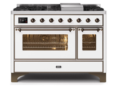 48" ILVE Majestic II Dual Fuel Range in White with Bronze Trim - UM12FDNS3WHB-LP