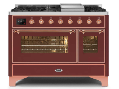 48" ILVE Majestic II Dual Fuel Range with Copper Trim in Burgundy - UM12FDNS3BUP-LP