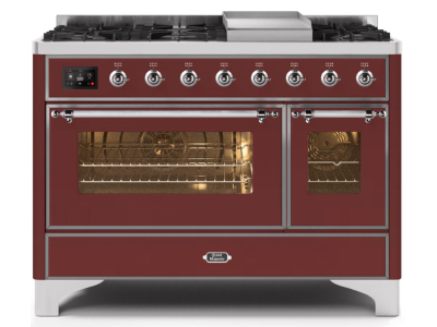 48" ILVE Majestic II Dual Fuel Range in Burgundy with Chrome Trim - UM12FDNS3BUC-NG