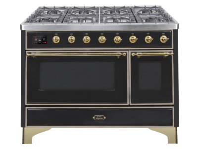 48" ILVE Majestic II Dual Fuel Range in Glossy Black with Brass Trim - UM12FDNS3BKG-NG