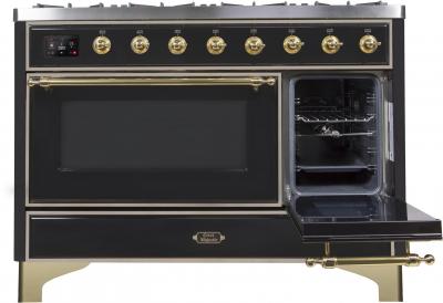 48" ILVE Majestic II Dual Fuel Range in Glossy Black with Brass Trim - UM12FDNS3BKG-NG