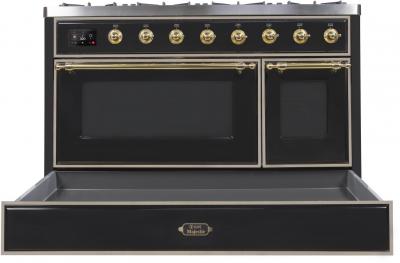 48" ILVE Majestic II Dual Fuel Range in Glossy Black with Brass Trim - UM12FDNS3BKG-LP