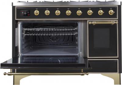 48" ILVE Majestic II Dual Fuel Range in Glossy Black with Brass Trim - UM12FDNS3BKG-LP