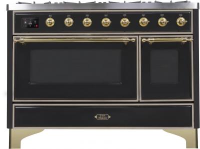 48" ILVE Majestic II Dual Fuel Range in Glossy Black with Brass Trim - UM12FDNS3BKG-LP