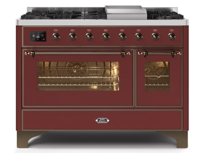 48" ILVE Majestic II Dual Fuel Range in Burgundy with Bronze Trim - UM12FDNS3BUB-NG