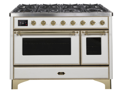 48" ILVE Majestic II Dual Fuel Range in White with Brass Trim - UM12FDNS3WHG-NG