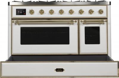 48" ILVE Majestic II Dual Fuel Range in White with Brass Trim - UM12FDNS3WHG-LP