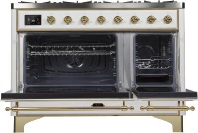 48" ILVE Majestic II Dual Fuel Range in White with Brass Trim - UM12FDNS3WHG-LP