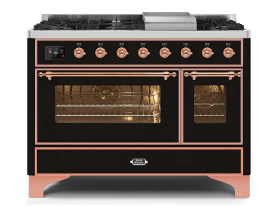 48" ILVE Majestic II Dual Fuel Range with Copper Trim in Glossy Black - UM12FDNS3BKP-LP