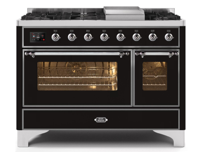 48" ILVE Majestic II Dual Fuel Range in Glossy Black with Chrome Trim - UM12FDNS3BKC-LP