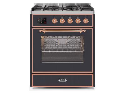 30" ILVE Majestic II Dual Fuel Range with Copper Trim in Matte Graphite  - UM30DNE3MGP-LP