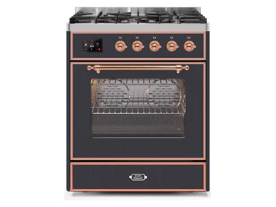 30" ILVE Majestic II Dual Fuel Range with Copper Trim in Matte Graphite  - UM30DNE3MGP-NG