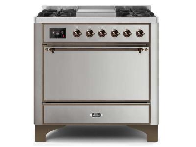 36" ILVE Majestic II Dual Fuel Liquid Propane Freestanding Range With Bronze Trim In Stainless Steel - UM09FDQNS3/SSB LP