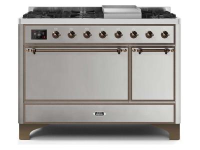 48" ILVE Majestic II Dual Fuel Liquid Propane Freestanding Range With Bronze Trim in Stainless Steel - UM12FDQNS3/SSB LP