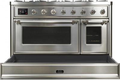 48" ILVE Majestic II Dual Fuel Natural Gas Freestanding Range with Chrome Trim in Stainless Steel - UM12FDNS3/SSC NG