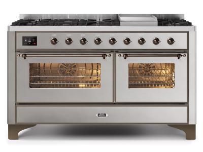 60" ILVE Majestic II Dual Fuel Liquid Propane Freestanding Range With Bronze Trim In Stainless Steel - UM15FDNS3/SSB LP