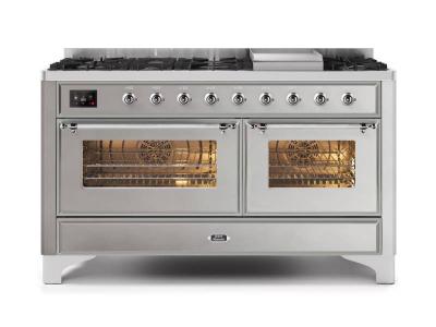 60" ILVE Majestic II Dual Fuel Liquid Propane Freestanding Range with Chrome Trim in Stainless Steel - UM15FDNS3/SSC LP